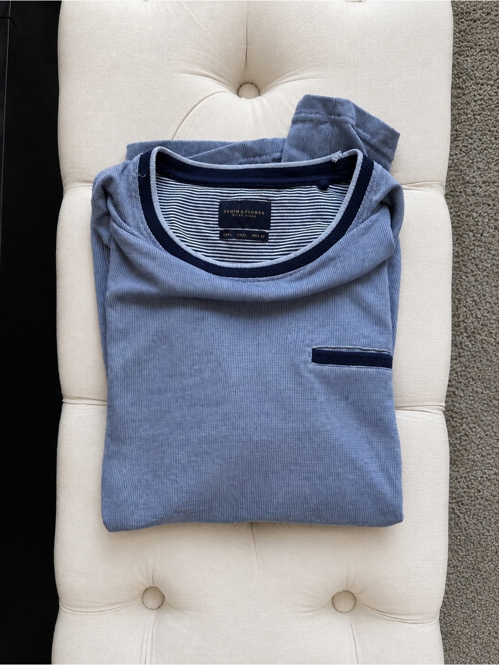 Denim & Flower Ricky Singh Men’s Blue Textured Ringer Pocket T-Shirt Size Large